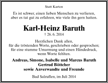 Anzeige  Karl-Heinz Baruth  Lippische Landes-Zeitung