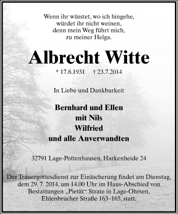 Anzeige  Albrecht Witte  Lippische Landes-Zeitung