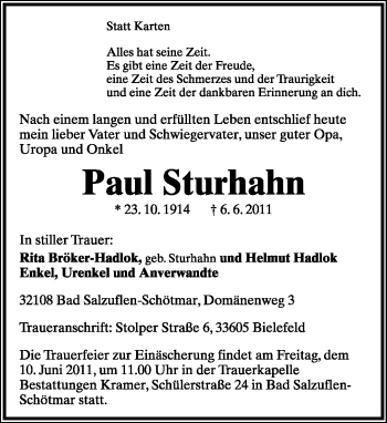 Anzeige  Paul Sturhahn  Lippische Landes-Zeitung