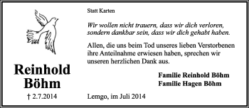 Anzeige  Reinhold Böhm  Lippische Landes-Zeitung