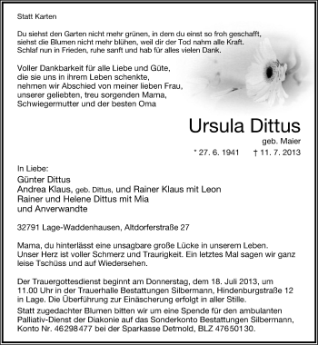 Anzeige  Ursula Dittus  Lippische Landes-Zeitung