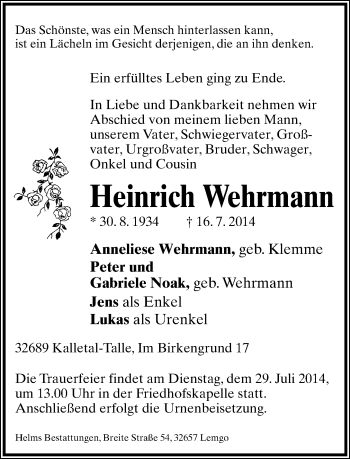Anzeige  Heinrich Wehrmann  Lippische Landes-Zeitung