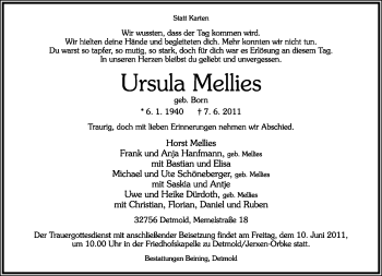 Anzeige  Ursula Mellies  Lippische Landes-Zeitung