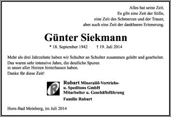 Anzeige  Günter Siekmann  Lippische Landes-Zeitung