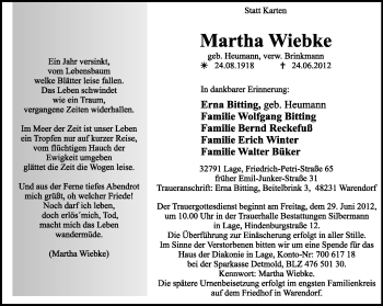Anzeige  Martha Wiebke  Lippische Landes-Zeitung