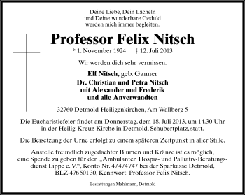 Anzeige  Felix Nitsch  Lippische Landes-Zeitung