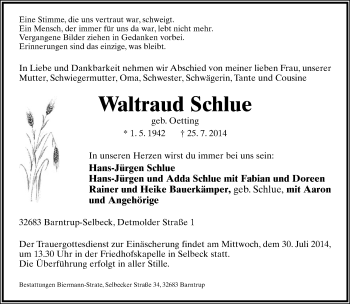 Anzeige  Waltraud Schlue  Lippische Landes-Zeitung