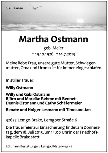 Anzeige  Martha Ostmanne  Lippische Landes-Zeitung