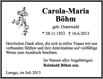 Anzeige  Carola-Maria Böhm  Lippische Landes-Zeitung