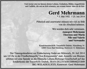 Anzeige  Gerd Mehrmann  Lippische Landes-Zeitung