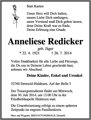Anzeige  Anneliese Redicker  Lippische Landes-Zeitung