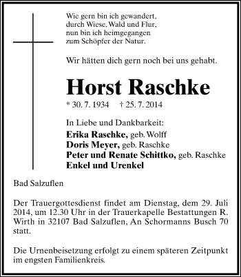 Anzeige  Horst Raschke  Lippische Landes-Zeitung