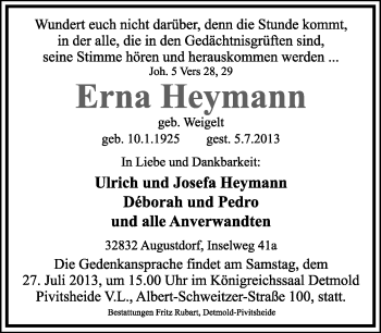 Anzeige  Erna Heymann  Lippische Landes-Zeitung