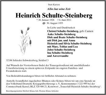 Anzeige  Heinrich Schulte-Steinberg  Lippische Landes-Zeitung