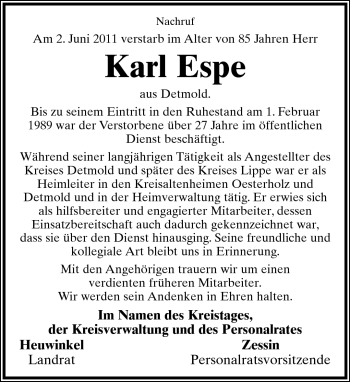 Anzeige  Karl Espe  Lippische Landes-Zeitung