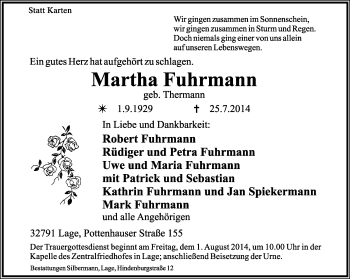 Anzeige  Martha Fuhrmann  Lippische Landes-Zeitung