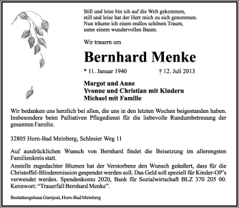 Anzeige  Bernhard Menke  Lippische Landes-Zeitung