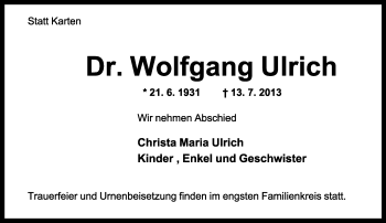 Anzeige  Wolfgang Ulrich  Lippische Landes-Zeitung