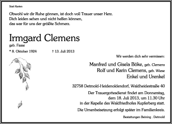 Anzeige  Irmgard Clemens  Lippische Landes-Zeitung