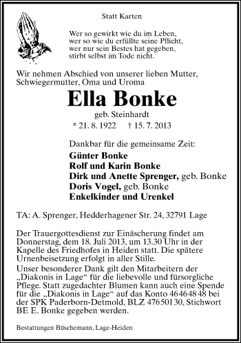 Anzeige  Ella Bonke  Lippische Landes-Zeitung