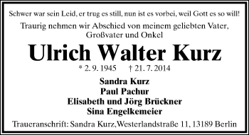 Anzeige  Ulrich Walter Kurz  Lippische Landes-Zeitung