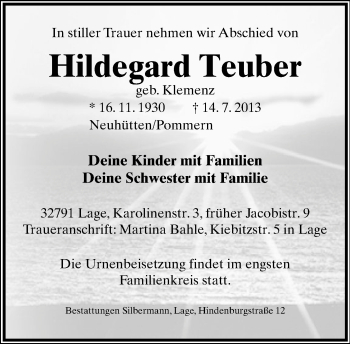 Anzeige  Hildegard Teuber  Lippische Landes-Zeitung