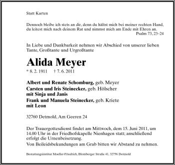 Anzeige  Alida Meyer  Lippische Landes-Zeitung