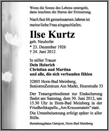 Anzeige  Ilse Kurtz  Lippische Landes-Zeitung