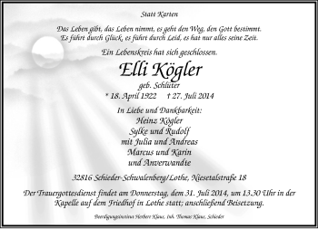 Anzeige  Elli Kögler  Lippische Landes-Zeitung