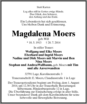Anzeige  Magdalena  Moers  Lippische Landes-Zeitung