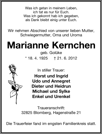 Anzeige  Marianne Kernchen  Lippische Landes-Zeitung