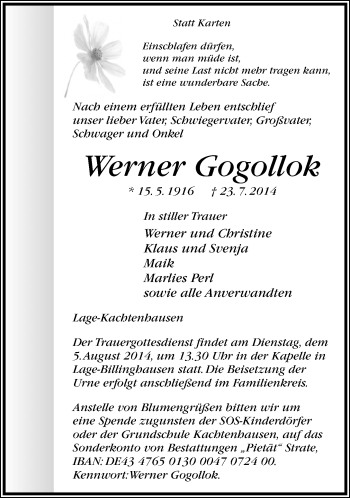 Anzeige  Werner Gogollok  Lippische Landes-Zeitung