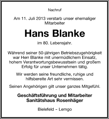 Anzeige  Hans Blanke  Lippische Landes-Zeitung