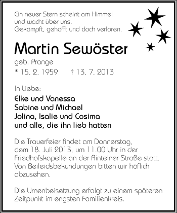 Anzeige  Martin Sewöster  Lippische Landes-Zeitung