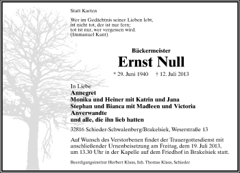 Anzeige  Ernst Null  Lippische Landes-Zeitung