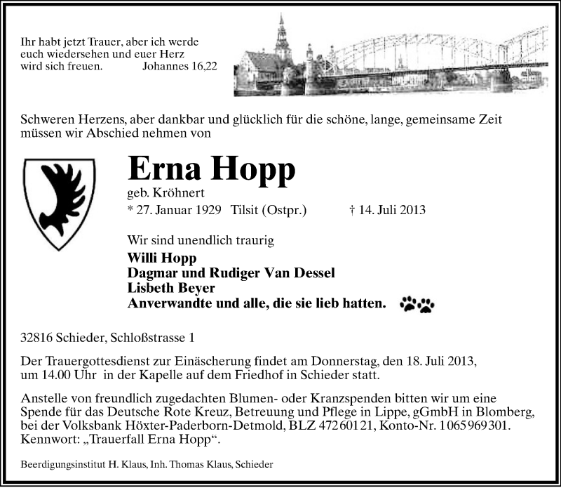  Traueranzeige für Erna Hopp vom 17.07.2013 aus Lippische Landes-Zeitung