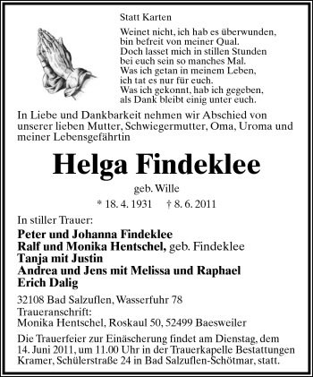 Anzeige  Helga Findeklee  Lippische Landes-Zeitung