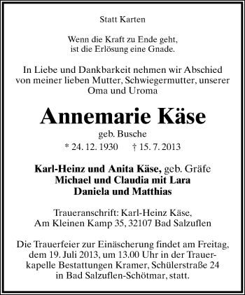 Anzeige  Annemarie Käse  Lippische Landes-Zeitung
