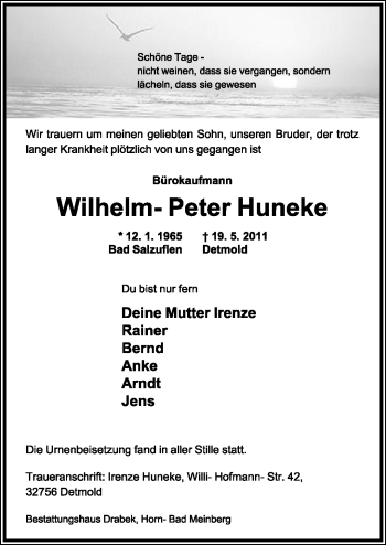 Anzeige  Wilhelm-Peter Huneke  Lippische Landes-Zeitung