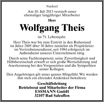 Anzeige  Wolfgang Theis  Lippische Landes-Zeitung