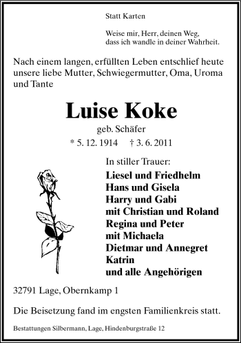 Anzeige  Luise Koke  Lippische Landes-Zeitung