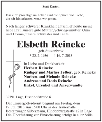 Anzeige  Elsbeth Reineke  Lippische Landes-Zeitung