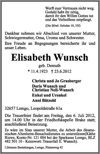 Anzeige  Elisabeth Wunsch  Lippische Landes-Zeitung