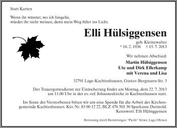 Anzeige  Elli Hülsiggensen  Lippische Landes-Zeitung