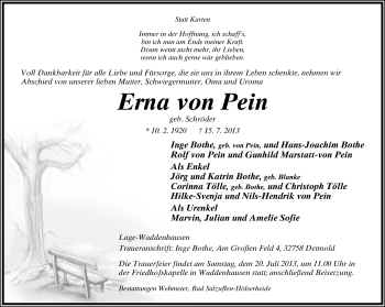 Anzeige  Erna von Pein  Lippische Landes-Zeitung