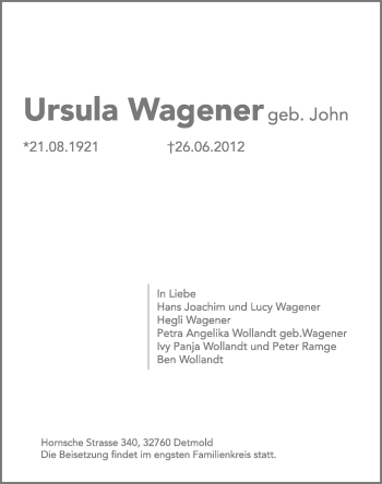 Anzeige  Ursula Wagener  Lippische Landes-Zeitung