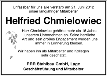 Anzeige  Helfried Chmielowiec  Lippische Landes-Zeitung