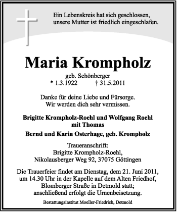 Anzeige  Maria Krompholz  Lippische Landes-Zeitung
