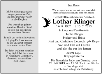 Anzeige  Lothar Klinger  Lippische Landes-Zeitung