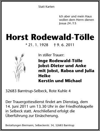 Anzeige  Horst Rodewald-Tölle  Lippische Landes-Zeitung